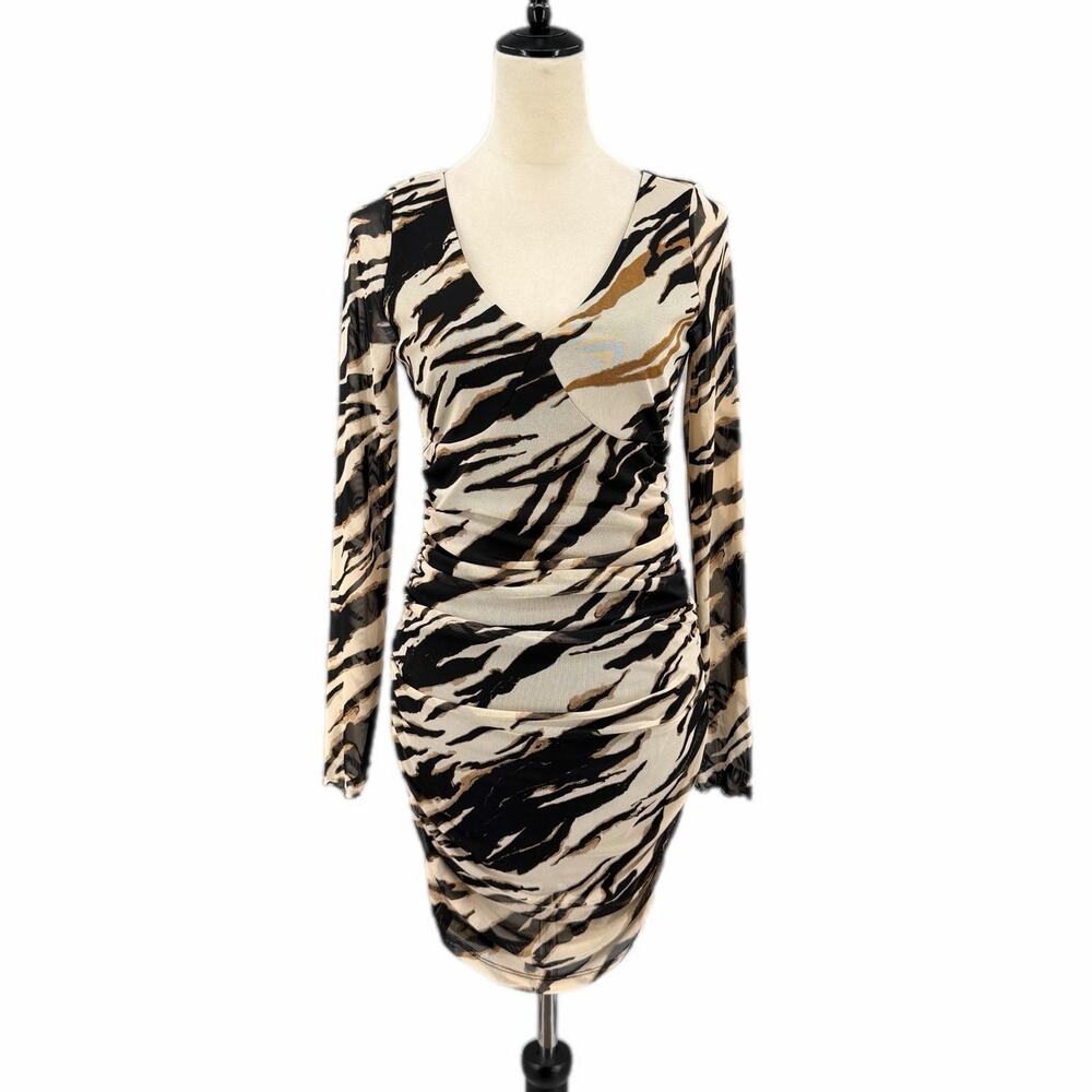 BP NEW Black Cream Animal Print Ruched Mesh Bodycon Going Out Tiger Mini Dress
